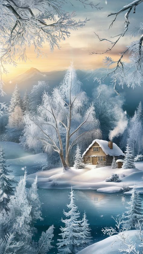 Immerse yourself in the serene beauty of winter with this stunning wallpaper aesthetic. Picture a tranquil, snow-covered landscape with delicate frost-kissed trees, their branches shimmering in the soft light of a golden sunrise. A quaint wooden cabin nestles among the trees, its chimney gently emitting warm smoke, creating an inviting sense of coziness. Subtle details like gently falling snowflakes, a frozen lake reflecting the morning sky's soft hues, and distant snow-capped mountains complete this enchanting winter scene. The soft blues, silvers, and frosty whites of the color palette evoke a peaceful and magical winter wonderland. Frosty Mountains, Winter Scenes Wonderland, Winter Wonderland Wallpaper, Beautiful Winter Pictures, Snowflake Wallpaper, Winter Christmas Scenes, Golden Sunrise, Snow Aesthetic, Beautiful Winter Scenes