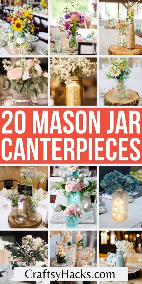 Mason Jar Centre Piece Diy Wedding, Simple Rustic Wedding Centerpieces Mason Jars, Mason Jar’s Centerpieces, Diy Vases Centerpiece, Wedding Table Decor Mason Jars, Wedding Decorations With Mason Jars, Diy Mason Jar Flowers, Diy Table Toppers Centerpieces, Elegant Mason Jar Centerpieces