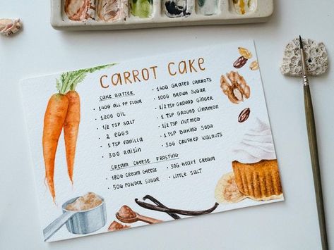 Watercolor Recipe Book, Watercolor Recipe Cards, Watercolor Recipe Illustration, Watercolor Cookbook, Recipe Sketchbook, Cake Watercolor Painting, Recipe Card Design, Recipe Watercolor, Culinary Arts Recipes