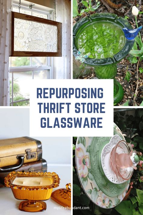 Simple thrift store glassware and turning it into something you love is such fun! See how easy it is to recycle glassware into something new for you. #diy #craft #thrift Thrift Store Glass Upcycle, Repurpose Old Dishes, Upcycle Crystal Glassware, Antique Glass Decor, Repurpose Vintage Glassware, Repurposed Vintage Glassware, Thrift Store Garden Ideas, Vintage Glass Upcycle, Diy Glass Decor