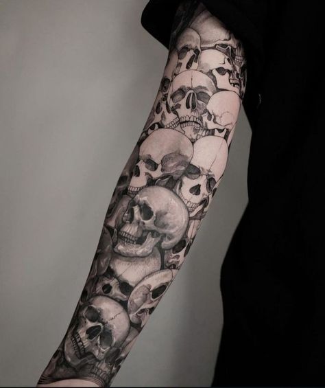 Blackwork Style Tattoo, Skeleton Sleeve Tattoo, Skull Tattoo Arm, Skull Arm Tattoo, Mexican Skull Tattoos, Illusion Tattoo, Unique Half Sleeve Tattoos, Skulls Tattoo, Tattoo Sleeve Filler