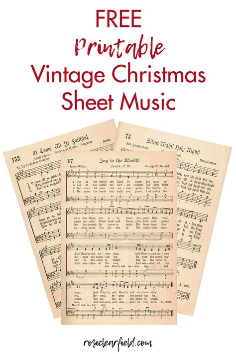 FREE printable vintage Christmas sheet music! 24 hymns, JPG and PDF versions. Perfect for holiday carol books, DIY wall art, and Christmas craft projects. #freesheetmusic #printableChristmasmusic #vintageChristmasmusic | https://www.roseclearfield.com Vintage Christmas Sheet Music, Free Christmas Music, Sheet Music Crafts, Christmas Sheet Music, Music Crafts, Holiday Craft, Christmas Feeling, Printable Vintage, Free Christmas Printables