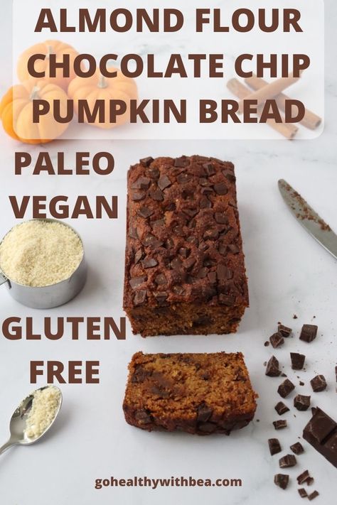 Try this easy and healthy homemade chocolate chip pumpkin bread recipe. This almond flour pumpkin bread is paleo, vegan and gluten free. It is moist and delicious. Almond Flour Pumpkin Chocolate Chip Bread, Almond Flour Pumpkin Loaf, Paleo Pumpkin Bread Almond Flour, Gluten Free Pumpkin Bread Almond Flour, Almond Flour Pumpkin Banana Bread, Almond Flour Vegan Recipes, Pumpkin Bread With Almond Flour, Almond Flour Pumpkin Bread, Pumpkin Bread Gluten Free