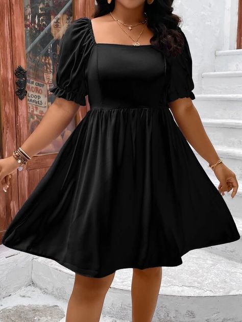 Plus Square Neck Puff Sleeve Dress | SHEIN USA Square Neck Dress Black, Square Neck Frock Designs, Plus Size One Piece Dress, Plus Size Graduation Dress, Square Neck Puff Sleeve Dress, Dress For Chubby, Black Frock, Senior Stuff, Diy Fashion Scarf