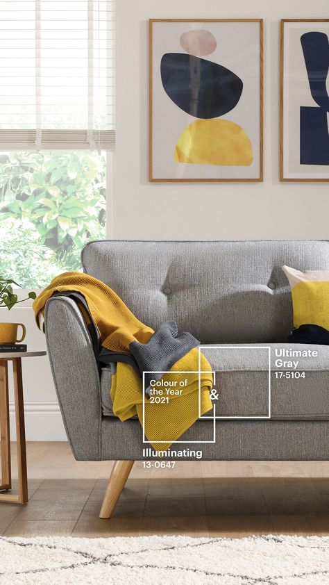 Living room styled with Pantone's Colour of the Year 2021: Ultimate Gray and Illuminating Yellow And Grey Office, Beige And Yellow Living Room, Grey And Mustard Living Room Ideas, Mustard And Grey Living Room, Grey Yellow Living Room, Grey Tiles Living Room, Mustard Living Rooms, Blue And Yellow Living Room, Grey And Yellow Living Room