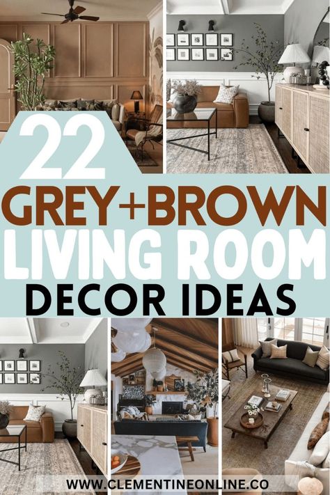 Transform your living room with 22 cozy grey and brown ideasfrom chic modern to rustic farmhouse vibesElevate your space effortlessly Farmhouse Grey Couch Living Room, Grey White And Tan Living Room, Gray Sofa Farmhouse Living Room, Brown Beige Grey Living Room, Farmhouse Grey Living Room Ideas, Greige And Grey Living Room, Gray Couch And Brown Leather Chair, Brown Leather Couch With Gray Chairs, Monochromatic Gray Living Room