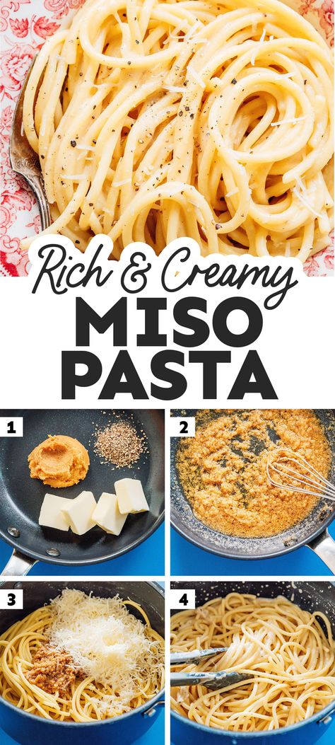 This miso pasta recipe is a simple and delicious weeknight dinner that only takes 5 ingredients and a few minutes to throw together. It's an easy dinner idea that's perfect for pasta night. Miso Pasta, Vegetarian Asian, Miso Recipe, Miso Butter, Vegetarian Recipes Lunch, Vegetarian Italian, Butter Pasta, Pasta Night, Pasta Dinner Recipes