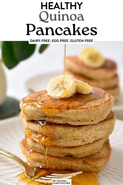 These quinoa pancakes are light, fluffy vegan pancakes made from uncooked quinoa. It's the easiest healthy pancake recipe for a vegan gluten-free breakfast naturally packed with proteins from quinoa. Gut Healthy Pancakes, Flax Seed Pancakes Easy, Healthy Gf Breakfast Ideas, On The Go Vegan Breakfast, Light Vegan Breakfast, Overnight Oatmeal Pancakes, Vegan Breakfast Quinoa, Quinoa Rice Pudding, Gf Vegan Pancakes