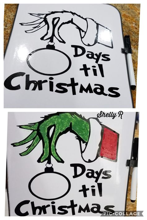 countdown until Christmas.   dry erase board bought at dollar tree. used the cricut to cut the design.  painted with acrylic paint. Xmas White Board Ideas, Drawing Ideas On White Board, Christmas Marker Board Ideas, Christmas Drawing On Whiteboard, Christmas Board Ideas For Work, Whiteboard Christmas Countdown, Easy Christmas Whiteboard Drawing, Fall Dry Erase Board Ideas, Christmas Dry Erase Board Drawings