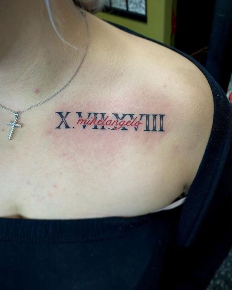 Sons Name Tattoos, Boyfriend Name Tattoos, Name Tattoos For Moms, Roman Numeral Tattoo, Numeral Tattoo, Baby Name Tattoos, Tattoo For Boyfriend, Names Tattoos For Men, Small Shoulder Tattoos