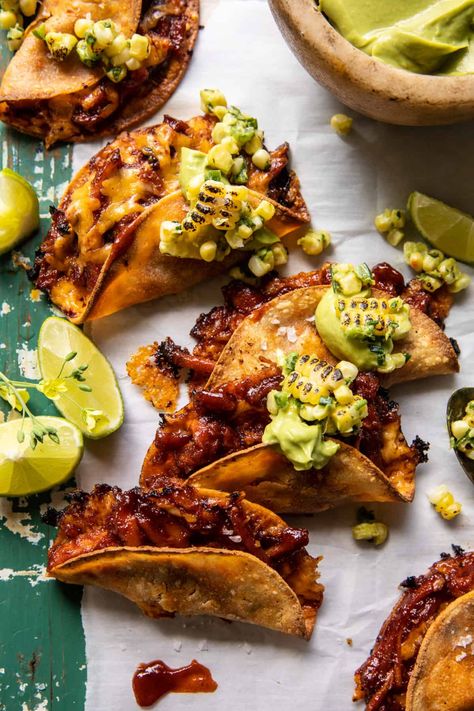 Bbq Chicken Tacos, Mexican Corn Salad, Half Baked Harvest Recipes, Charred Corn, Chicken Crispy, Crispy Tacos, Spicy Corn, Crispy Cheese, Corn Salsa