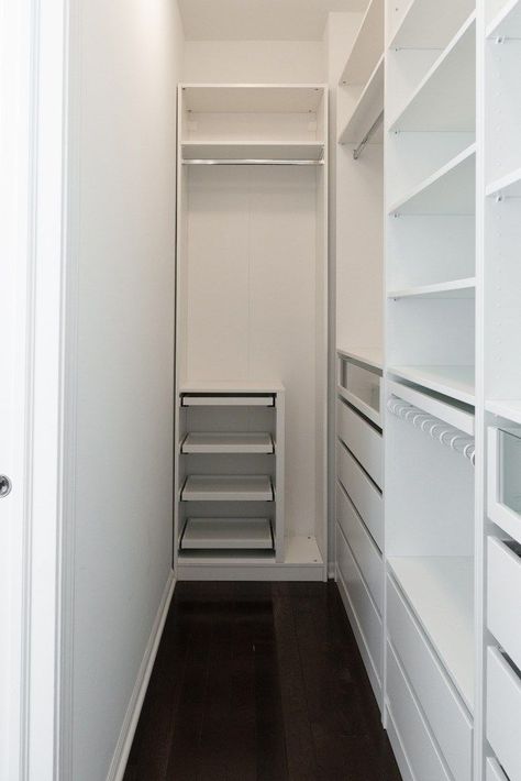 In this post, we’re sharing everything we learned building the Ikea PAX closet system, including: helpful tips for assembly ways we hacked the PAX for a custom size how to cover Ikea PAX holes alternative rod options must-have accessories Narrow Closet Design, Walk In Closet Ikea, Narrow Closet, Ikea Pax Closet, Pax Closet, Small Walk In Closet, Ikea Closet, Walking Closet, Dream Closet Design