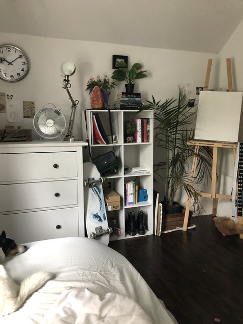 Small Bedroom Two Dressers, Small Artsy Bedroom, Open Dresser Ideas, Bedroom Aesthetic Dresser, Small Bookshelf Ideas Aesthetic, Room Inspo Artsy, Plants In Bedroom Ideas Small Spaces, Dresser Ideas Aesthetic, White Dresser Aesthetic