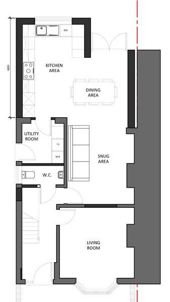 Kitchen Diner Layout, Kitchen Extension Floor Plan, Diner Layout, Cozy House Plans, 1930s Renovation, Kitchen Extension Layout, Terrace House Extension, 1930s House Extension, 1930s House Renovation