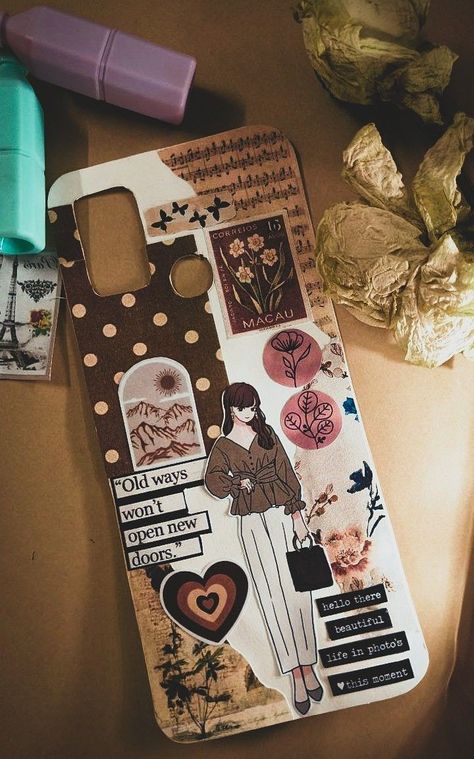 Mobile Cover Ideas Aesthetic, Cover Phone Ideas Design, Journaling Phone Case, Backcover Phone Ideas Aesthetic, Mobile Covers Aesthetic, Phone Cover Art Ideas, Mobile Case Design Ideas, Vintage Phone Cases Diy, Aesthetic Phone Back Cover Ideas