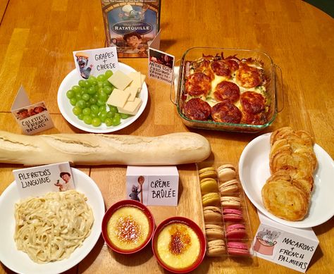 Ratatouille movie night Ratatouille Disney Food Ideas, Disney Movie Menu Ideas Ratatouille, Ratatouille Food Ideas, Ratatouille Movie Recipe Dishes, Food From Ratatouille Movie, Movie Night Menu Ideas For Adults, Ratatouille Dinner Party, Ratatouille Themed Food, Ratatouille Inspired Food