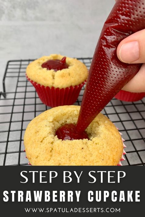 Homemade Strawberry Cupcakes With Strawberry filling and whipped cream frosting are bursting with natural strawberry flavor in every bite and are made completely from scratch! No box mix needed, my recipe is super easy and will take your through the baking process step by step with tons of baking tips along the way. This this homemade strawberry and cream cupcakes, the perfect summer dessert idea Vanilla Cupcakes With Strawberry Filling, Strawberry Cupcake Filling Recipe, Strawberry Cupcakes With Filling, Strawberry Cupcakes Decoration, Strawberry Cupcake Filling, Cupcakes With Filling Inside, Strawberry Filling Recipe, Strawberry Filling For Cupcakes, Homemade Strawberry Cupcakes