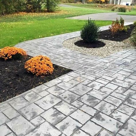 Top 60 Best Concrete Walkway Ideas - Outdoor Path Designs Poured Concrete Walkways To Front Door, Concrete Walkways To Front Door, Concrete Walkway Ideas, Walkways To Front Door, Sidewalk Ideas, Front Walkway Landscaping, Stamped Concrete Walkway, Bungalow Ideas, Backyard Walkway