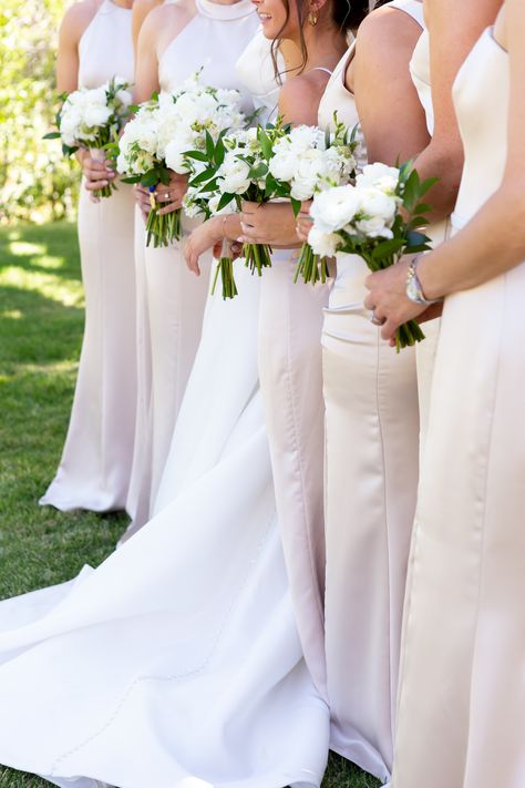 White Bridesmaids Bouquets With Greenery, Petite White And Green Bouquet, White Ranunculus Bridesmaid Bouquet, White Rose And Greenery Bouquet Bridesmaid, Italian Ruscus Bridesmaid Bouquet, Bridesmaids Bouquets White And Green, Bridesmaid Bouquet Green And White, Simple White And Green Wedding Flowers, Green And White Wedding Bridesmaids