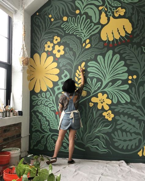 Clare Paint Good As Gold, Powder Room Mural Ideas, Countertop Mural, Small Accent Wall Painting Ideas, Dark Wall Murals Painted, Bathroom Wall Painting Ideas Creative, Random Wall Ideas, Outside House Mural, Botanical Mural Diy