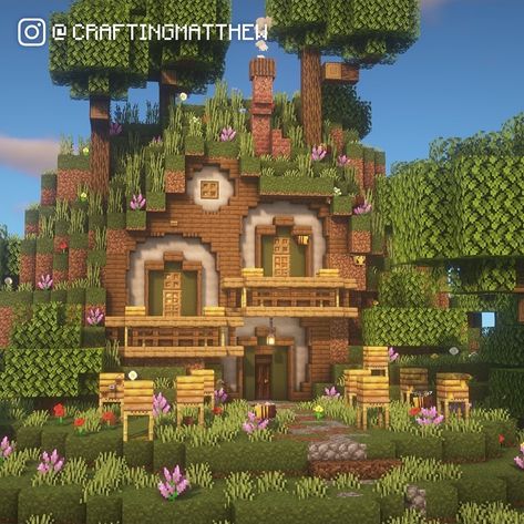 Cottagecore Hobbit House Minecraft, Pretty Minecraft Houses Vanilla, Cliff Side Village Minecraft, Minecraft Bee Keeper House, Minecraft Moss Cottage, Bee Minecraft Build, Hobbit Home Minecraft, Beehive Minecraft, Minecraft Houses Cottages