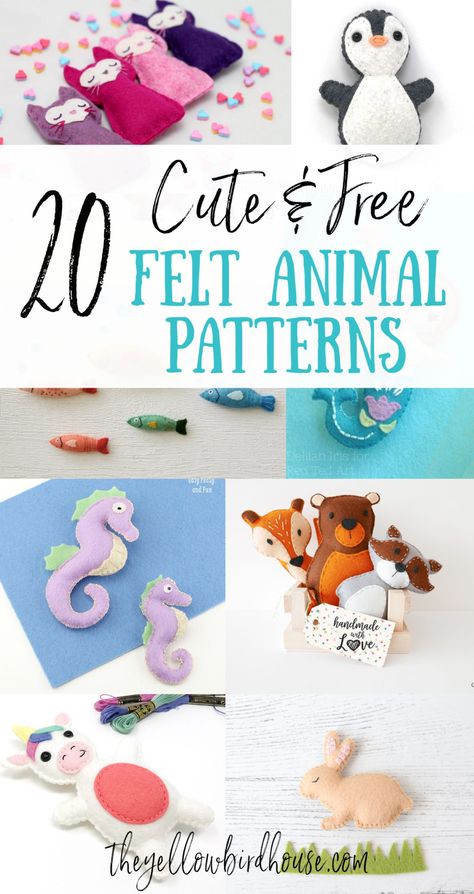 20 Super Cute Free Felt Animal Patterns - The Yellow Birdhouse Felt Bears Pattern, Stuffed Toy Patterns Free, Miniature Animals How To Make, Woodland Animals Felt Pattern Free, Things To Make With Felt Sewing Patterns, Felt Woodland Animals Pattern, Diy Felt Ocean Animals, Dino Felt Pattern, Felties Patterns Free