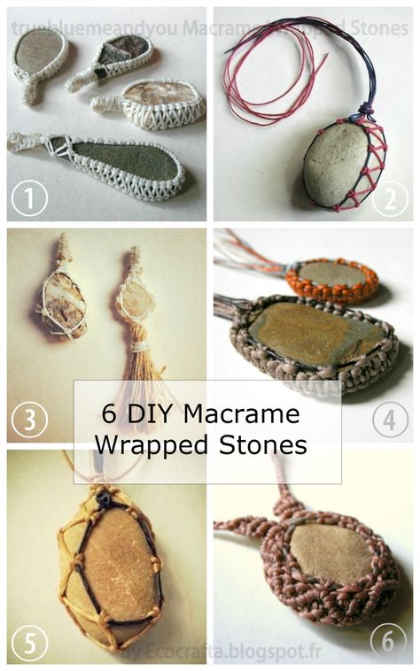 DIY 6 Macrame Wrapped Stone Tutorials from... | True Blue Me & You DIYs for Creatives Stone Wrapping Tutorial, Crochet Stone, قلادات متدلية, Wire Wrapping Diy, Diy Collier, Necklace Tutorial, Micro Macramé, Stone Wrapping, Gem Necklace