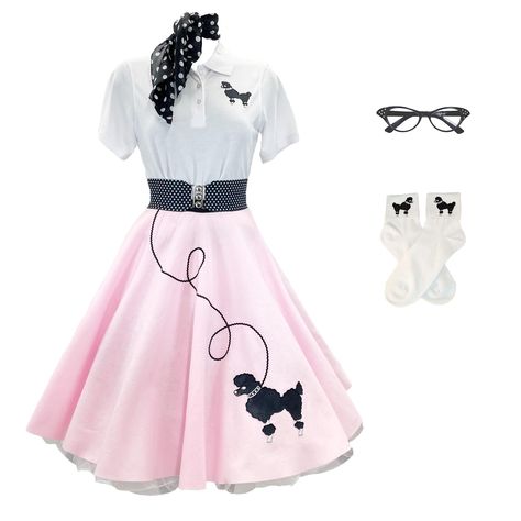 PRICES MAY VARY. Our 7-Piece 50’s Vintage Costume Set: Comes with a women’s poodle skirt, a chiffon scarf, a polo shirt with a poodle applique, a crinoline petticoat, an elastic cinch belt, a set of white socks with our poodle applique on the cuffs, and cateye glasses Perfect For Sock Hops & Decade Dances: Whether you’re going to a sock hop, decades dance, or 50s-themed party, you’ll fit right in with this vintage-inspired costume. Get ready to twist and shout and rock ‘n’ roll in your complete Poodle Skirts 1950, 50s Poodle Skirt Outfit, Decades Dance, Poodle Skirt 50s, 1950s Poodle Skirt, Poodle Applique, Poodle Skirt Outfit, Cateye Glasses, Bobby Socks