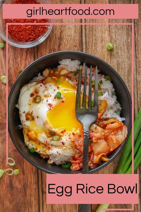 Egg And Kimchi Rice Bowl, Kimchi For Breakfast, Fried Egg Rice Bowl, Breakfast With Rice And Egg, Rice And Kimchi Bowl, Meals With Kimchi Rice Bowls, Rice Kimchi Bowl, Rice And Kimchi Recipe, Rice Bowl With Egg