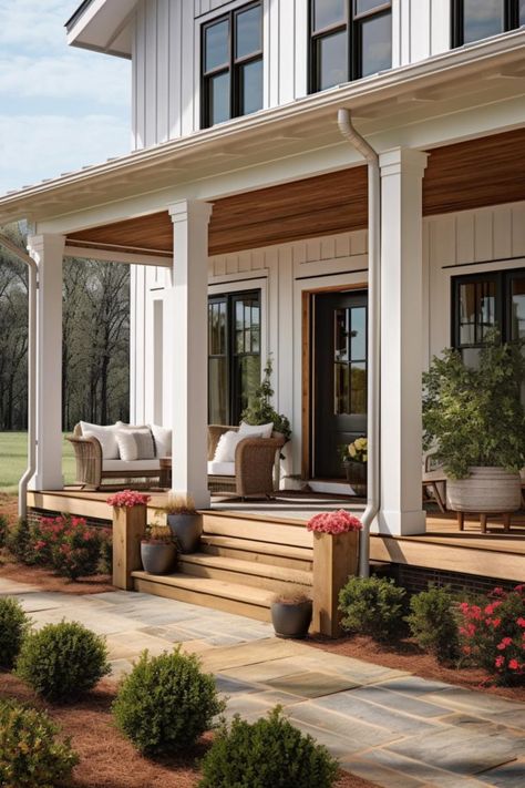 40 Farmhouse Porch Columns To Achieve a Rustic Entryway! Porch Column Design, Carport Post Ideas, Updated Porch Columns, Black Porch Columns, Front Porch Posts Columns, Farmhouse Porch Columns, Porch Columns Makeover, Open Front Porch, Deck Covering