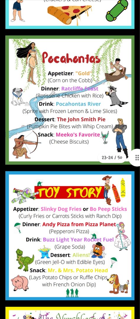 Disney Inspired Food Movie Nights, Pocahontas Food Ideas, Disney Themed Dinners For Kids, Pocohantas Themed Food, Toy Story Themed Movie Night, Disney Food Movie Night, Disney Themed Lunch Ideas, Disney Movie Themed Snacks, Easy Disney Dinner Recipes