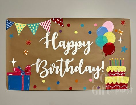 Designed for all the birthday fun, year after year! 🎉 This custom banner was made gender-neutral so it can celebrate all three of our client’s kiddos. Plus, all of our banners are shipped in durable cylinder tubes, making them easy to store and reuse for future celebrations. Quality that lasts, so you get your money’s worth! 💫 #CustomBanners #birthdaydecor #paintedbanner #partyideas #birthdaysign Happy Birthday Butcher Paper Sign, Hand Painted Kraft Paper Banner, Homemade Happy Birthday Banner, Happy Birthday Painted Banner, Happy Birthday Signs Ideas, Birthday Banners Painted, Birthday Canvas Ideas, Happy Birthday Sign Diy Poster, Birthday Banner Painted