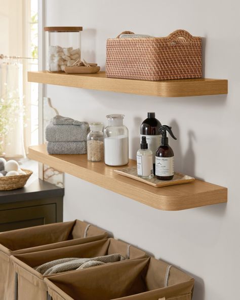 Get the Look: Create a functional laundry or mudroom with essential storage and elevated hardware details. Bathroom Wood Shelves, Oak Floating Shelves, Floating Shelves Bathroom, Oak Shelves, Modular Shelving, Color Palette Design, Shelf Brackets, Floating Shelf, Hanging Shelves