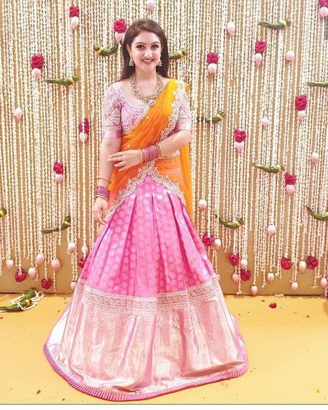 Instagram photo by SriDeviRahul • Dec 24, 2019 at 7:45 AM Sridevi Vijaykumar, Pink Half Sarees, Lehenga Saree Design, Half Saree Lehenga, Half Sarees, Lehnga Dress, Party Wear Gown, Lehenga Style, Silk Saree Blouse Designs