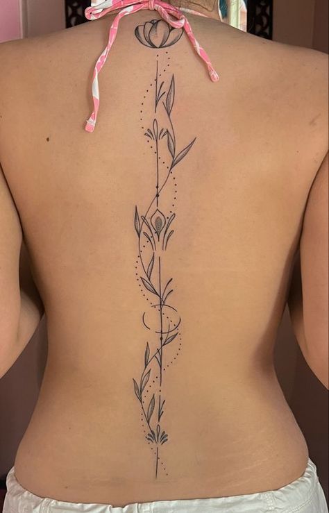 Spine Tattoos For Women Lotus Flower, Native Spine Tattoos For Women, African Spine Tattoo, Female Back Tattoos Unique, Lotus Tattoo Spine, Spine Tattoo Add On, Unique Ribcage Tattoos For Women, Western Back Tattoo Women Spine, Spiral Spine Tattoo