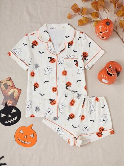 Halloween Pjs Women, Autumn Bed, Halloween Pyjamas, Pijama Outfit, Halloween Pjs, Boo Baskets, Halloween Fruit, Sleepwear Women Pajamas, Bat Print