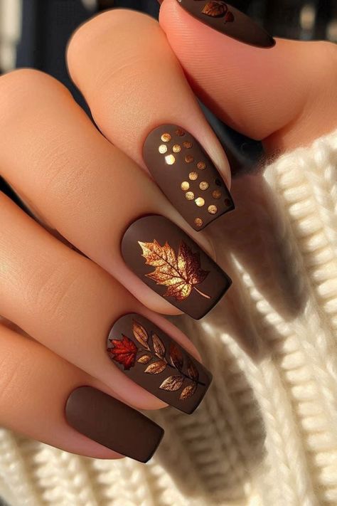 21 Stunning Fall Nail Ideas for Autumn 2024 Brown Nails Flower Design, September Acrylic Nails Ideas, Nail Ideas Fall Autumn, Fall Nails Ideas Autumn 2024, Fall Gel Nails Designs, Nail Designs September, Fall Time Nails, Fall Themed Nails, Nail Design Autumn