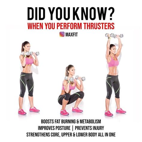 Health, Fitness & Motivation on Instagram: “🔥THRUSTERS🔥 Did you know?😅 . 💥 THRUSTER BENEFITS - Perform then with any free-weights...like dumbbells, barbells, kettlebells. Most of our…” Dumbell Thrusters, Cardiovascular Fitness, Leg Training, Compound Exercises, Front Squat, Overhead Press, Improve Posture, Dumbbell Workout, Boost Your Metabolism