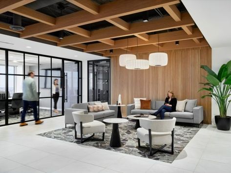 Fox Rothschild Offices - Minneapolis | Office Snapshots Office Lounge Area, Law Office Design, Office Reception Design, Private Workspace, Acoustic Ceiling Panels, Corporate Interior Design, Davis Furniture, Modular Lounge, Recessed Downlight