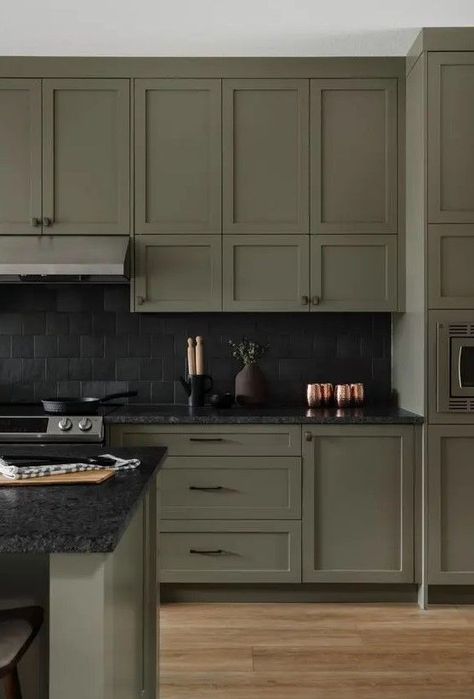 Black Stone Countertops, Fey Court, Black Tile Backsplash, Kitchen With Shaker Cabinets, Ottawa House, Kitchen Black Counter, Olive Green Kitchen, Black Kitchen Countertops, Dark Green Kitchen