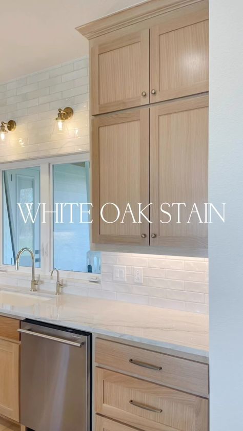 Heather | Let talk about stain!! I fell in love with White Oak cabinets a couple of years ago when we first started talking about building a home… | Instagram Light Wood Cabinets With Gold Hardware, Bisque Cabinets Kitchens, Kitchen Backsplash Ideas White Oak Cabinets, Tan Brushed Oak Cabinets, Light Wood Kitchen Design, Oak Cabinets Sanded Down, Washed Oak Kitchen Cabinets, French Oak Cabinets, How To Bleach Honey Oak Cabinets