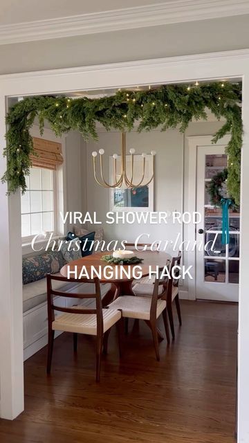 Christmas Garland Over Curtains, Garland Christmas Decor Doorway, How To Hang Garland From Ceiling, Doorway Christmas Decorations, Curtain Pole Christmas Garland, Shower Rod Garland Christmas, Indoor Doorway Christmas Decor, Christmas Curtain Rod Decor, Garland On Shower Rod