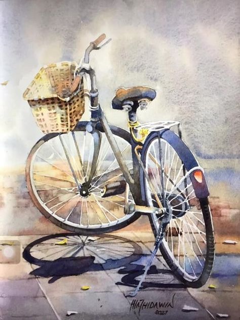 My favorite Bike, WC by Hla Thida Win Bicycle Painting, Art Nouveau Flowers, Canvas Art Projects, Flow Painting, Bicycle Art, Art Gallery Wallpaper, Textured Canvas Art, Tableau Art, Simple Acrylic Paintings