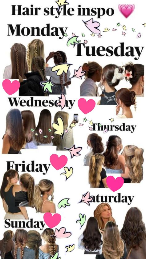 Hair styles for the week Hairstyles For Every Day Of The Week, Early 200s Hair Styles, Hairstyles For The Week School, Hairstyles For Off The Shoulder Tops, Hair Of The Week, Weekly Hairstyles For School, Days Of The Week Hairstyles, Hair For The Week, Full Week Of Hairstyles