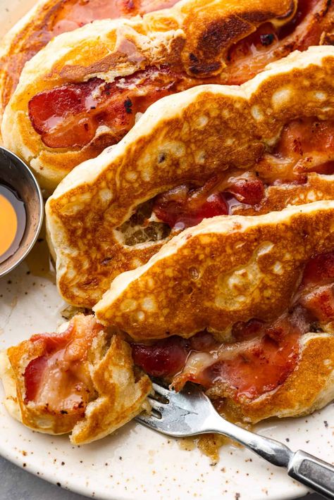 Bacon Pancakes Bacon Pancakes Dippers, Pancake Bacon Strips, Pancakes With Bacon, Bacon Pancake, Basic Pancakes, Bacon Donut, Bacon Pancakes, Overnight Breakfast Casserole, Pancakes And Bacon