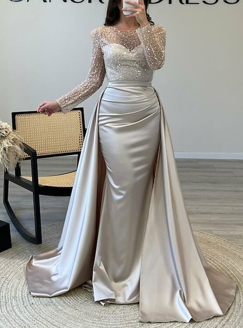 Ruched Satin Dress, Dress With Pearls, Satin Dress Long, Mermaid Sequin, Dress Long Sleeves, Satin Dress, Evening Gown, Wedding Guest Dress, Floor Length