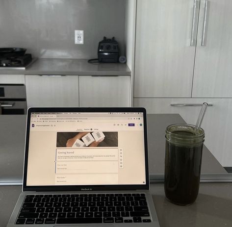 A computer opened to an arbonne website and a green juice sitting next to the computer with a glass straw. Side Hustles Aesthetic, Online Business Aesthetic Woman, Side Hustle Pictures, Consultancy Aesthetic, Work From Home Jobs Aesthetic, Dream Job Aesthetic Online, Online Marketing Aesthetic, Online Working Aesthetic, Online Job Aesthetic Ideas