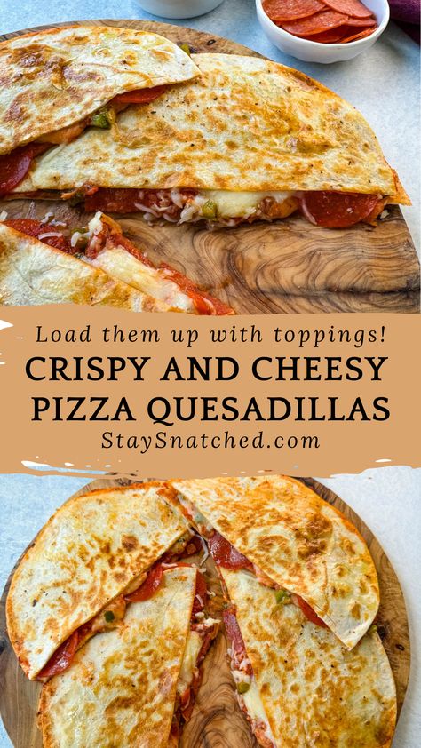 Enjoy a fusion of flavors with these delicious pepperoni pizza quesadillas! Crispy tortillas are filled with melty mozzarella, savory pepperoni, and zesty pizza sauce, creating a delicious twist on two classic favorites. Perfect for a quick lunch, easy dinner, or party appetizer, this recipe is sure to please both kids and adults alike. Pepperoni And Cheese Quesadilla, Pizza Quesadillas Recipes, Healthy Pizza With Tortilla Wraps, Pizza On A Tortilla Recipe, Tortilla Quesadilla Recipes, Pizza Using Tortillas, Pepperoni Pizza Quesadillas, Pizza Quesadillas, Pizza Quesadilla