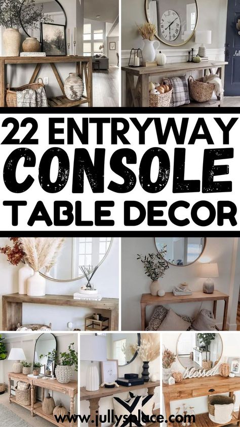 entryway table decor, entryway table ideas, entryway console table decor, console table decor ideas Ideas For Entryway Tables, Mirrors Over Console Tables, Mirror Over Console Table Entry Ways, Entry Table With Gold Mirror, Entrance Console Wall Design, Console Decor Ideas Entryway, Decorative Console Table, Entry Way Mirror And Table, Mid Century Modern Console Table Decor