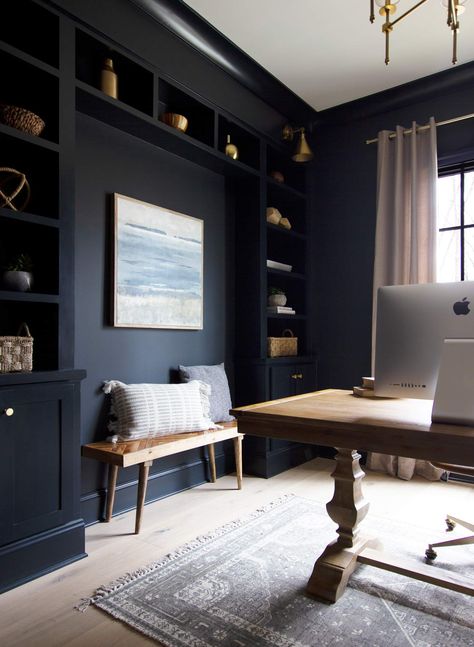 Saving the best for last. Inkwell by Sherwin Williams is one we have used in our own home and love it! Inkwell is a deep, moody blue that looks great used as an accent wall or even entire rooms such as an office. #homeoffice #bookcase #builtins #darkoffice #desk Zimmer Diy, Office Built Ins, Dark Paint Colors, Office Colors, Built In Bookcase, Home Office Space, A Desk, Office Inspiration, Blue Walls